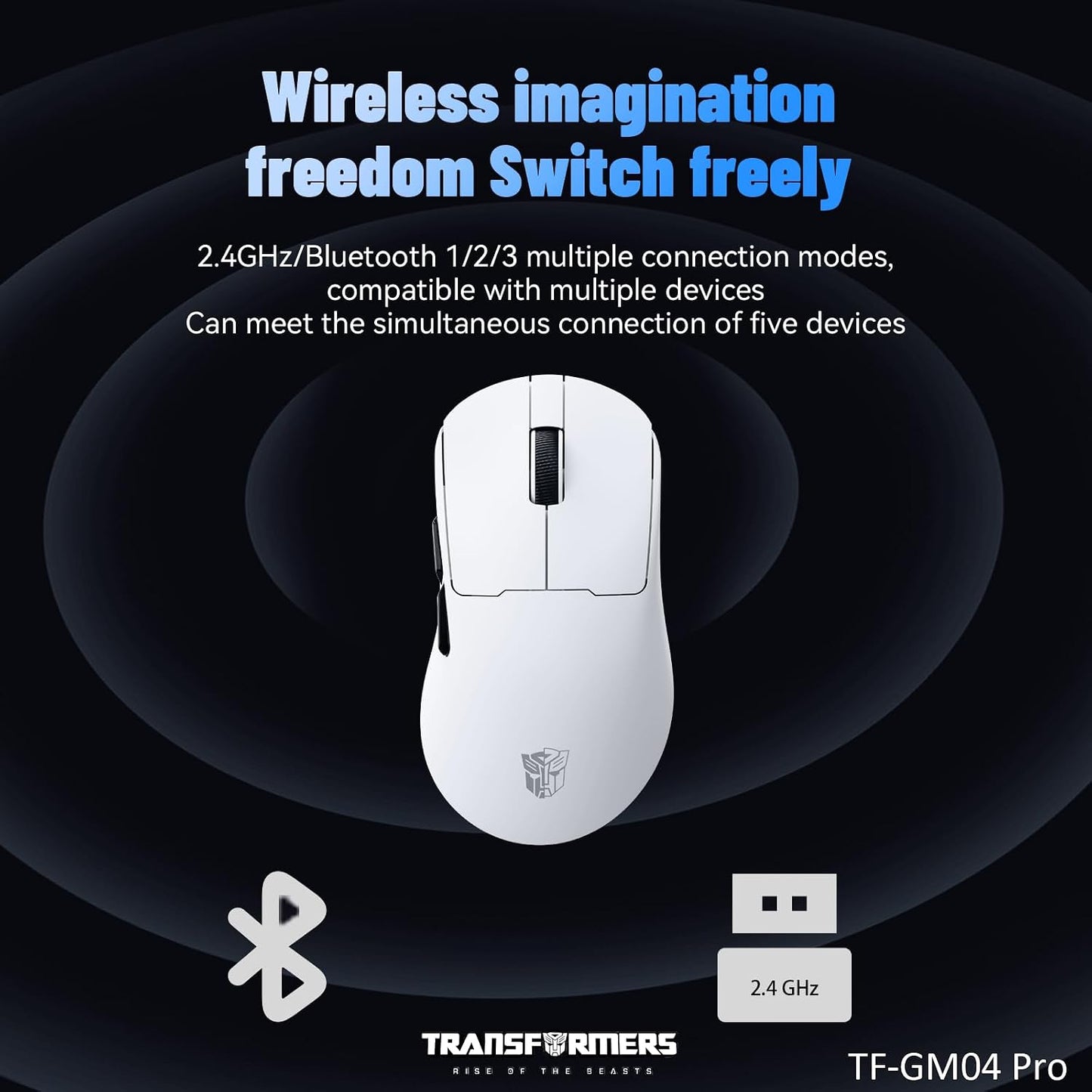 Transformers Gaming Mouse GM04 Pro, Wireless Gaming Mouse Tri-Mode Bluetooth/2.4G/Wired, 53G Ultra-Light, 24,000 DPI PAW3311 Sensor, RGB, 1000Hz, Rechargeable PC Gaming Mouse (White)