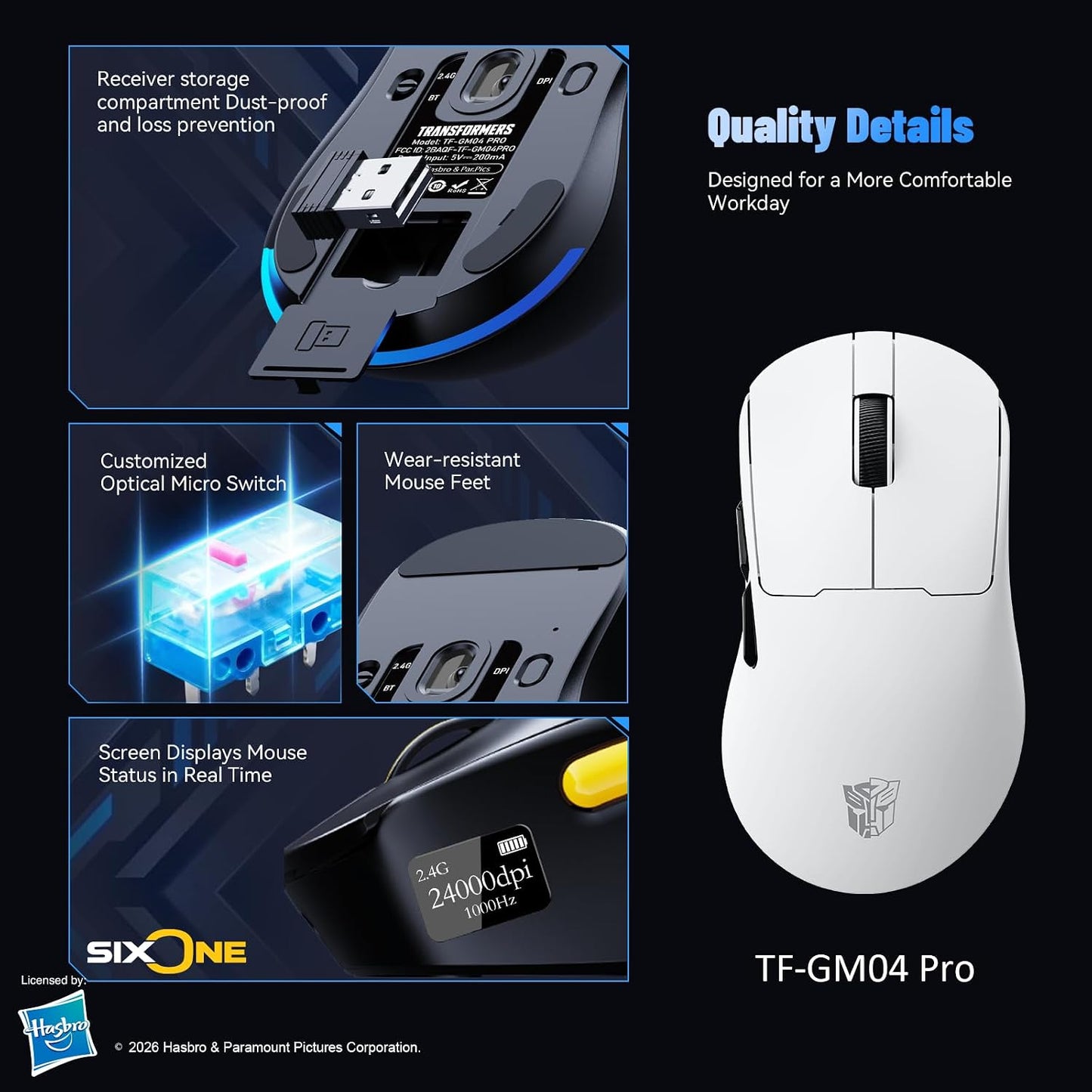 Transformers Gaming Mouse GM04 Pro, Wireless Gaming Mouse Tri-Mode Bluetooth/2.4G/Wired, 53G Ultra-Light, 24,000 DPI PAW3311 Sensor, RGB, 1000Hz, Rechargeable PC Gaming Mouse (White)