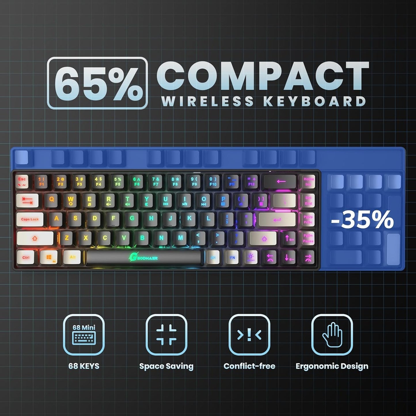 65% Gaming Keyboard, LED Backlit Mini Wired Gaming Keyboard, Ultra-Compact Anti-Ghosting No-Conflict 68 Keys Gaming Wired Keyboard for PC Laptop Gamer