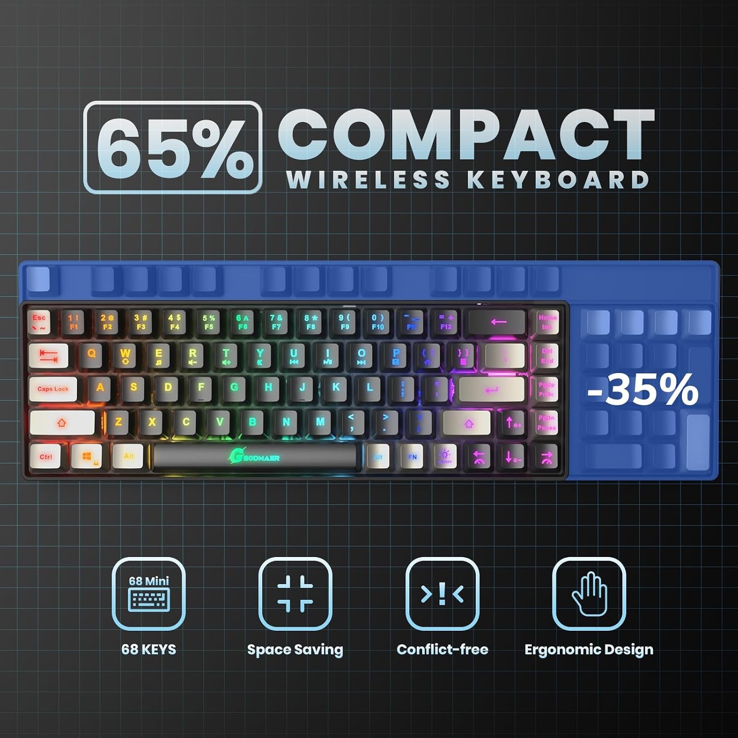 65% Gaming Keyboard, LED Backlit Mini Wired Gaming Keyboard, Ultra-Compact Anti-Ghosting No-Conflict 68 Keys Gaming Wired Keyboard for PC Laptop Gamer